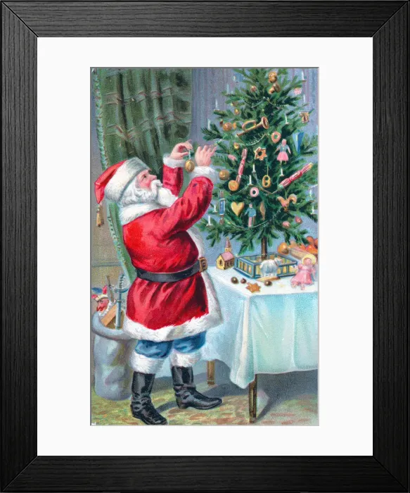 Framed Print : Santa Claus with tree on a Christmas postcard Framed Print : Santa Claus with tree on a Christmas postcard