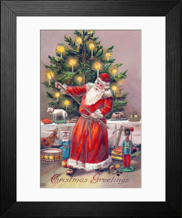 Framed Print : Santa Claus with tree on a Christmas postcard Framed Print : Santa Claus with tree on a Christmas postcard