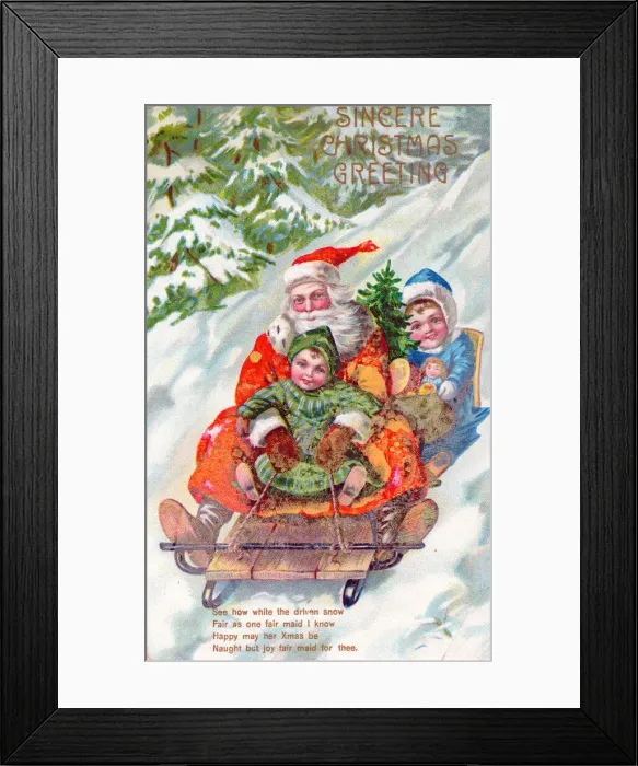 Framed Print : Santa Claus riding a sled on a Christmas postcard Framed Print : Santa Claus riding a sled on a Christmas postcard