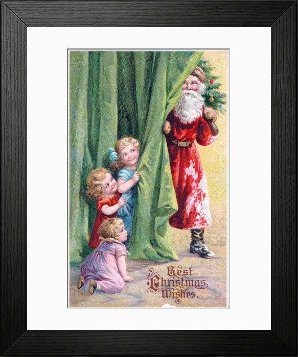 Framed Print : Santa Claus with children and tree on a Christmas postcard Framed Print : Santa Claus with children and tree on a Christmas postcard