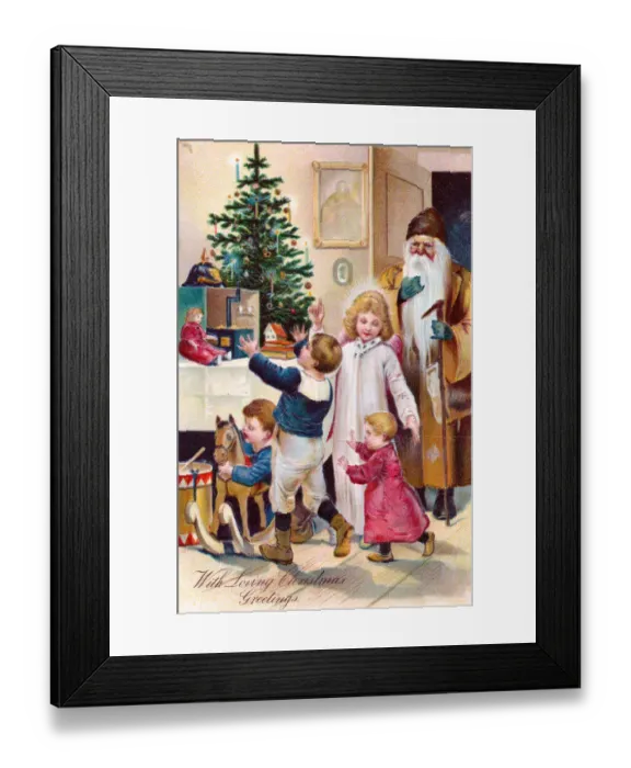 Framed Print : Santa Claus with children and tree on a Christmas postcard Framed Print : Santa Claus with children and tree on a Christmas postcard