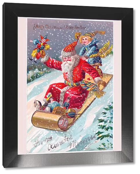 Santa Claus riding a sled on a Christmas postcard