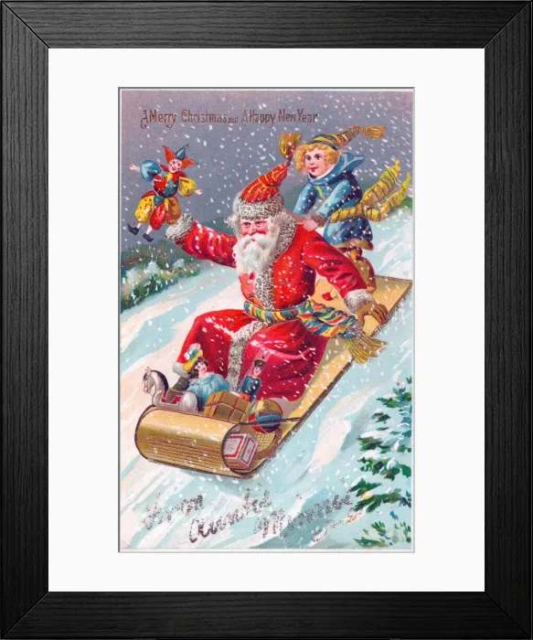 Framed Print : Santa Claus riding a sled on a Christmas postcard Framed Print : Santa Claus riding a sled on a Christmas postcard