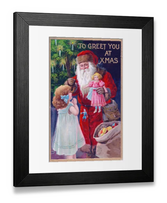 Framed Print : Santa Claus with girl and tree on a Christmas postcard Framed Print : Santa Claus with girl and tree on a Christmas postcard