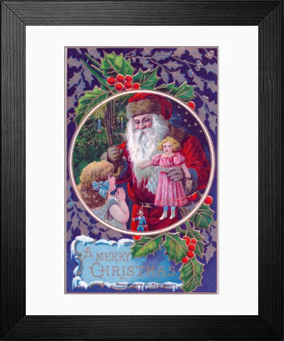 Framed Print : Santa Claus with girl and doll on a Christmas postcard Framed Print : Santa Claus with girl and doll on a Christmas postcard