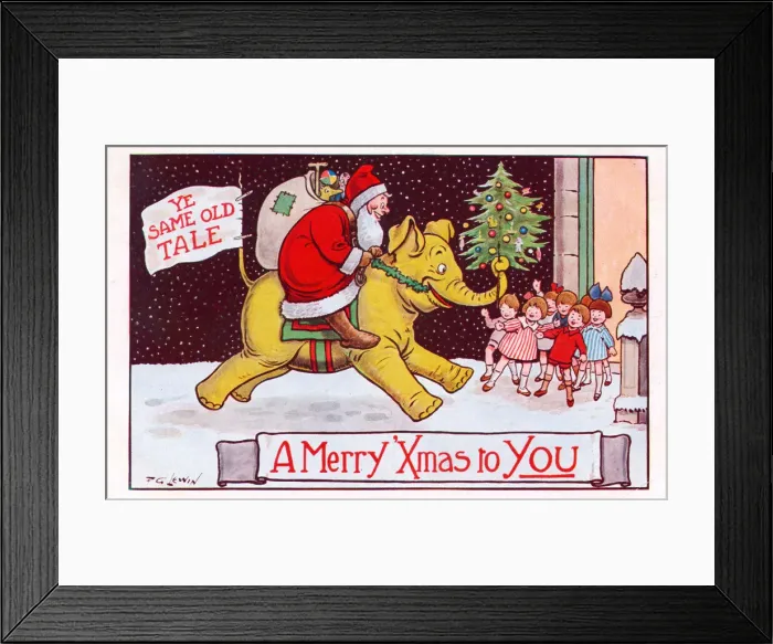 Framed Print : Santa Claus riding an elephant on a Christmas postcard Framed Print : Santa Claus riding an elephant on a Christmas postcard