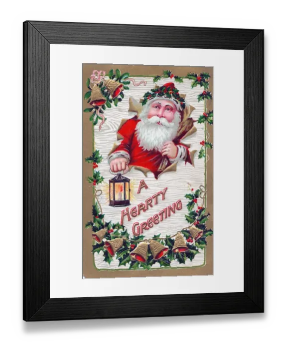 Framed Print : Santa Claus with holly and bells on a Christmas postcard Framed Print : Santa Claus with holly and bells on a Christmas postcard