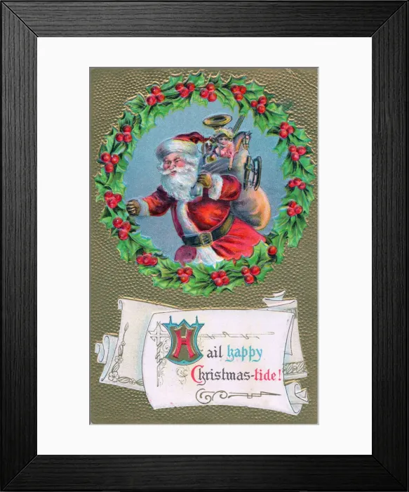 Framed Print : Santa Claus with holly and sack on a Christmas postcard Framed Print : Santa Claus with holly and sack on a Christmas postcard