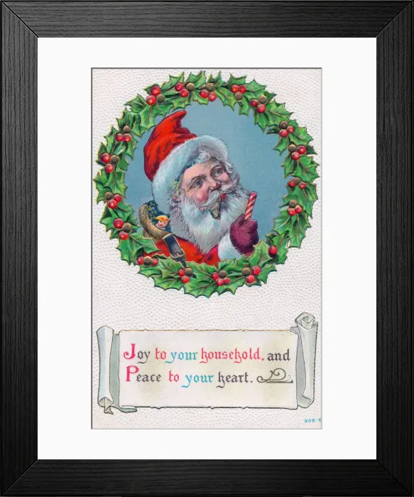 Framed Print : Santa Claus with holly and sack on a Christmas postcard Framed Print : Santa Claus with holly and sack on a Christmas postcard