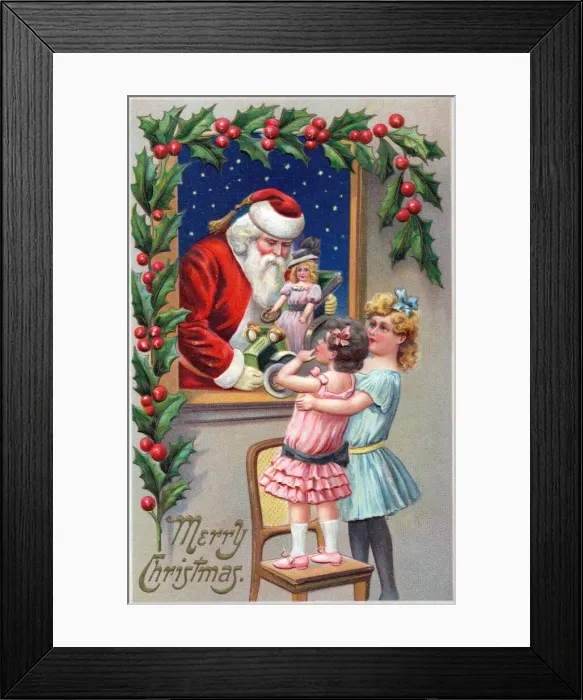 Framed Print : Santa Claus with girls and doll on a Christmas postcard Framed Print : Santa Claus with girls and doll on a Christmas postcard