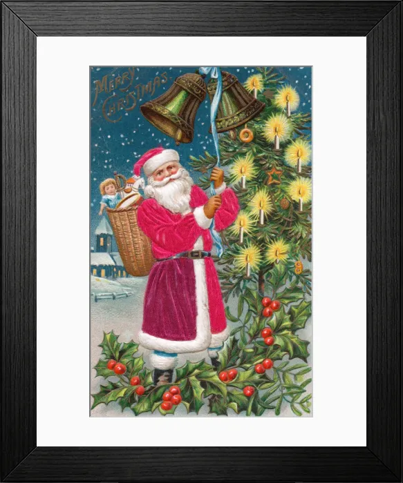 Framed Print : Santa Claus with holly and bells on a Christmas postcard Framed Print : Santa Claus with holly and bells on a Christmas postcard