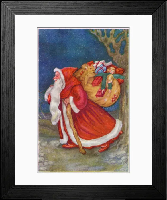 Framed Print : Santa Claus with his sack on a Christmas postcard Framed Print : Santa Claus with his sack on a Christmas postcard