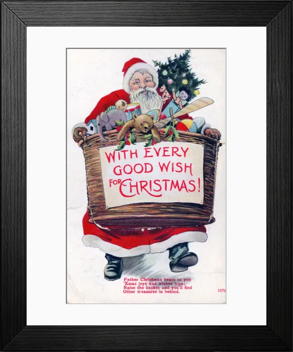 Framed Print : Santa Claus with basket of presents on a Christmas postcard Framed Print : Santa Claus with basket of presents on a Christmas postcard