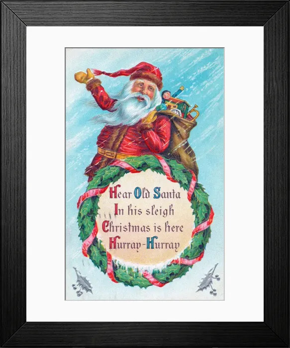 Framed Print : Santa Claus with sack and wreath on a Christmas postcard Framed Print : Santa Claus with sack and wreath on a Christmas postcard