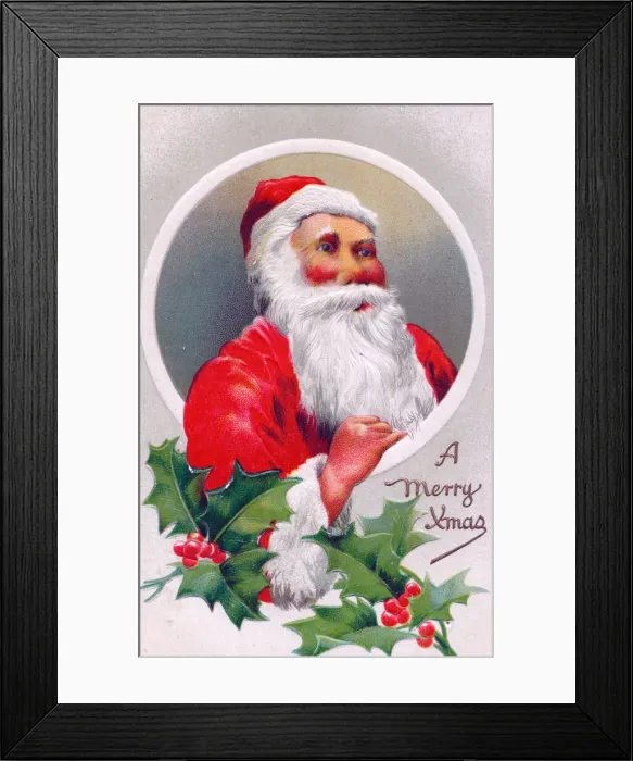 Framed Print : Santa Claus with holly on a Christmas postcard Framed Print : Santa Claus with holly on a Christmas postcard