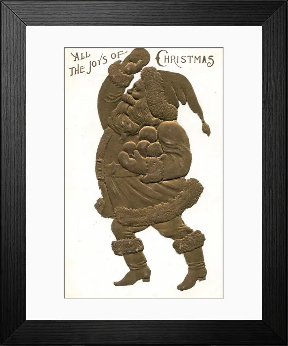 Framed Print : Golden Santa Claus with snowballs on a Christmas postcard Framed Print : Golden Santa Claus with snowballs on a Christmas postcard