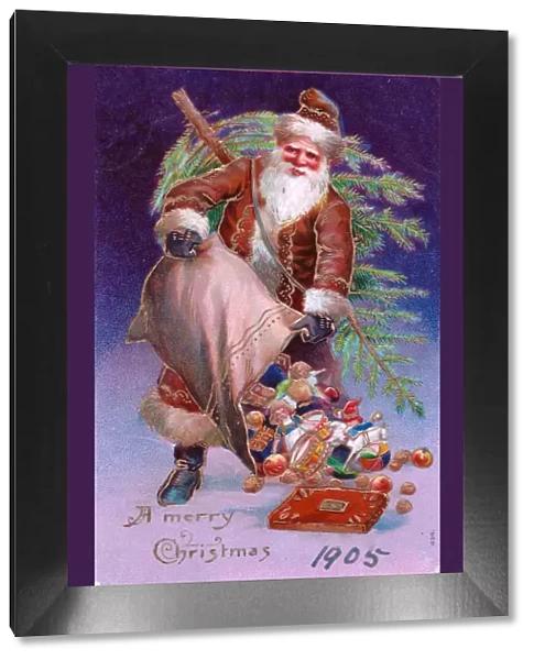 Santa Claus emptying his sack on a Christmas postcard