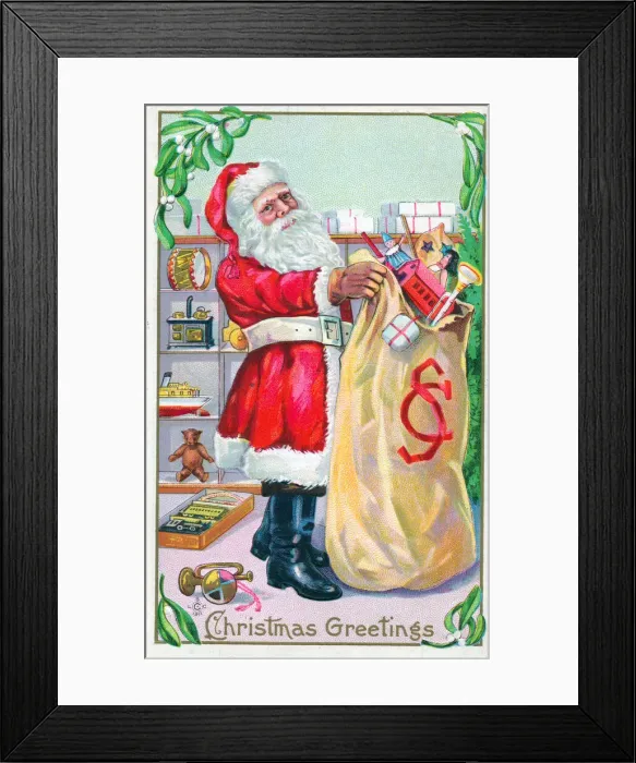 Framed Print : Santa Claus with his sack on a Christmas postcard Framed Print : Santa Claus with his sack on a Christmas postcard