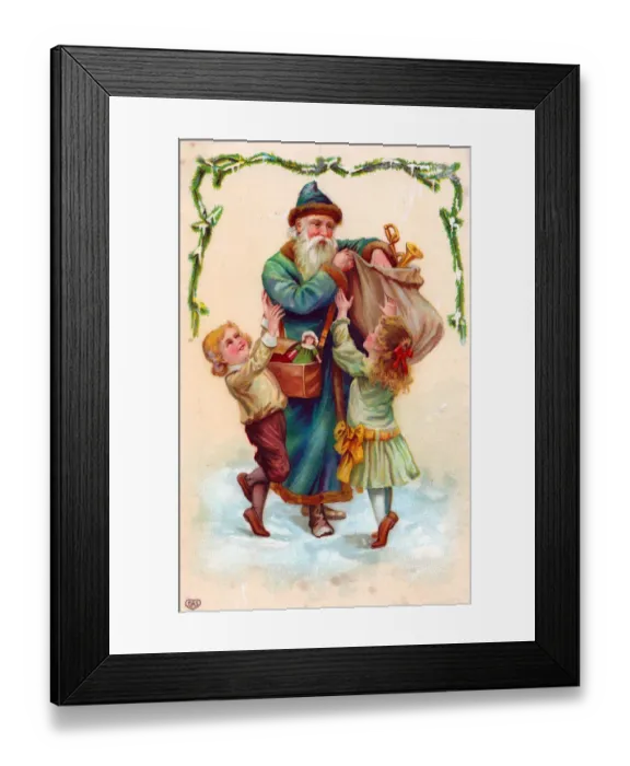 Framed Print : Santa Claus with two children on a Christmas postcard Framed Print : Santa Claus with two children on a Christmas postcard