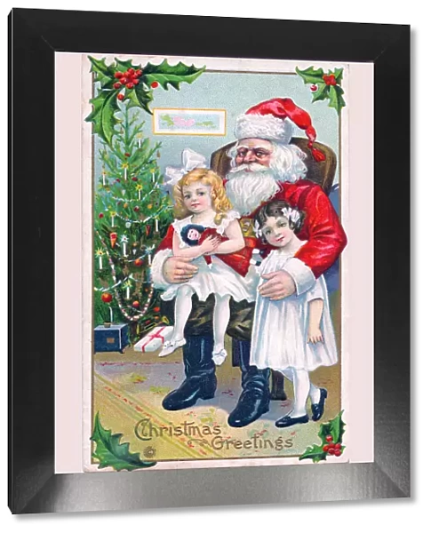 Santa Claus with girls and tree on a Christmas postcard