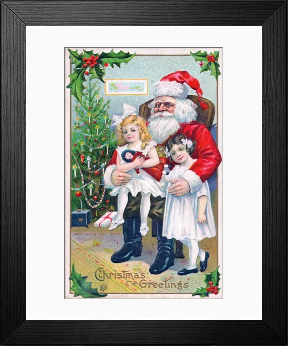 Framed Print : Santa Claus with girls and tree on a Christmas postcard Framed Print : Santa Claus with girls and tree on a Christmas postcard