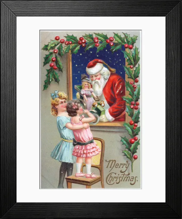 Framed Print : Santa Claus with girls and doll on a Christmas postcard Framed Print : Santa Claus with girls and doll on a Christmas postcard