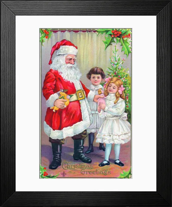 Framed Print : Santa Claus with children and tree on a Christmas postcard Framed Print : Santa Claus with children and tree on a Christmas postcard