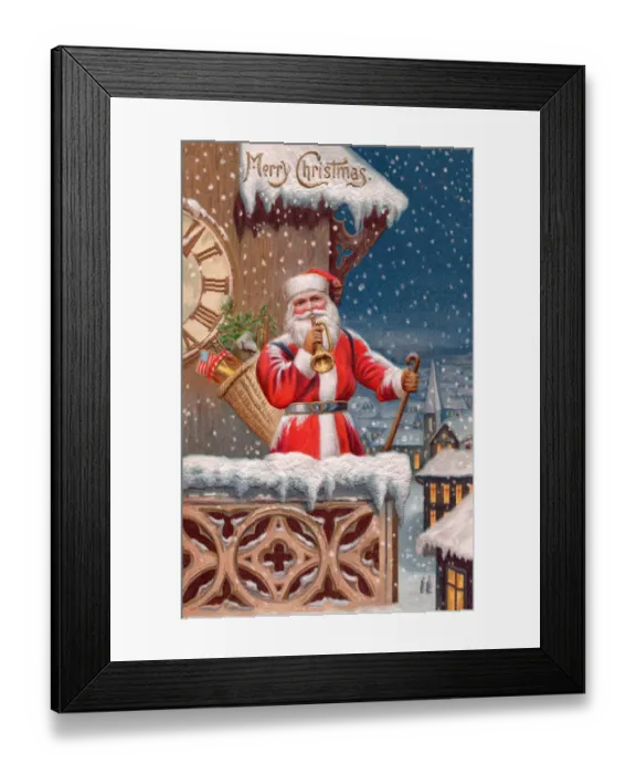 Framed Print : Santa Claus with trumpet on a Christmas postcard Framed Print : Santa Claus with trumpet on a Christmas postcard