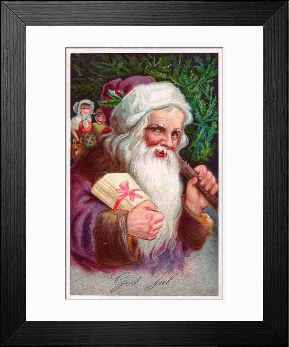 Framed Print : Santa Claus with tree on a Danish Christmas postcard Framed Print : Santa Claus with tree on a Danish Christmas postcard