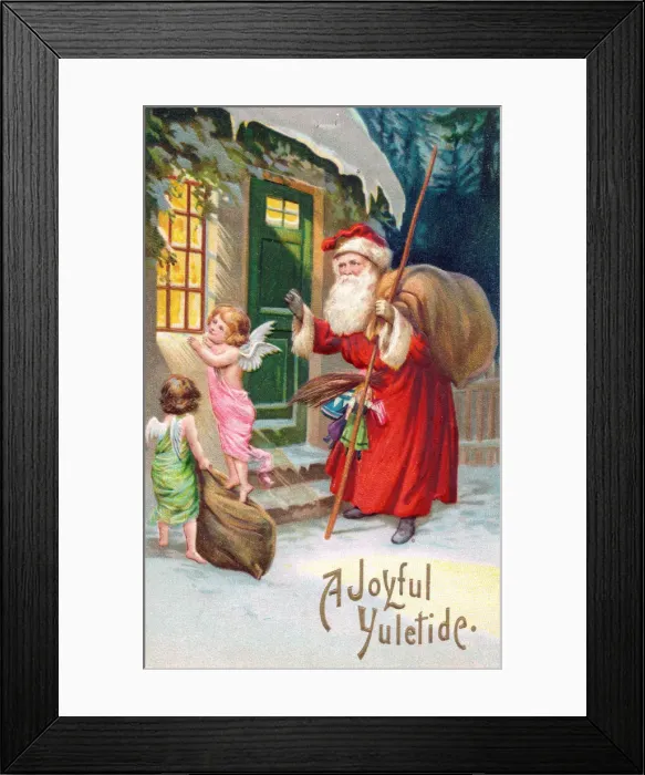 Framed Print : Santa Claus outside a house on a Christmas postcard Framed Print : Santa Claus outside a house on a Christmas postcard