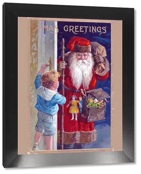 Santa Claus arriving with gifts on a Christmas postcard