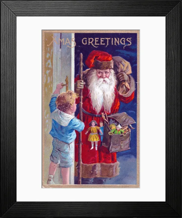 Framed Print : Santa Claus arriving with gifts on a Christmas postcard Framed Print : Santa Claus arriving with gifts on a Christmas postcard
