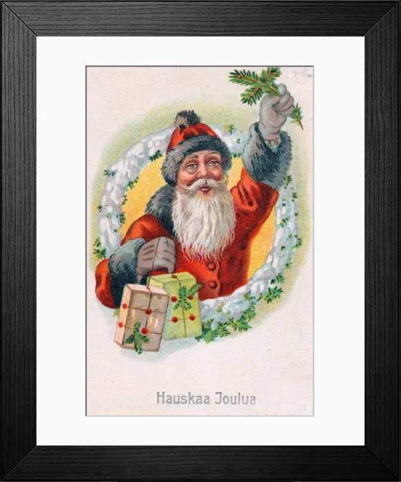 Framed Print : Santa Claus with presents on a Finnish Christmas postcard Framed Print : Santa Claus with presents on a Finnish Christmas postcard