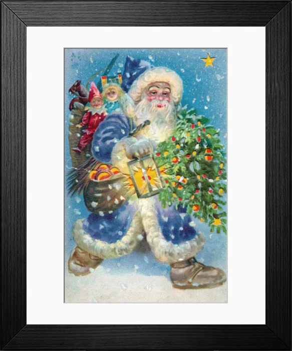 Framed Print : Santa Claus with lantern and tree on a Christmas postcard Framed Print : Santa Claus with lantern and tree on a Christmas postcard