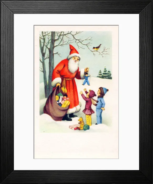 Framed Print : Santa Claus with children on a Christmas postcard Framed Print : Santa Claus with children on a Christmas postcard
