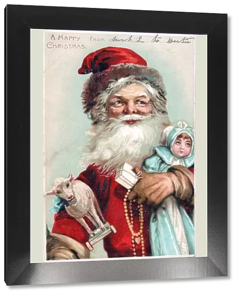 Santa Claus with presents on a Christmas postcard