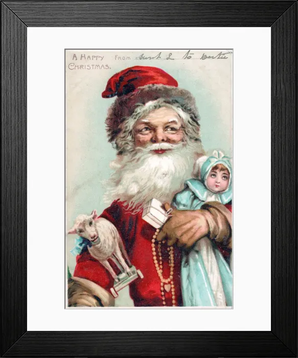 Framed Print : Santa Claus with presents on a Christmas postcard Framed Print : Santa Claus with presents on a Christmas postcard