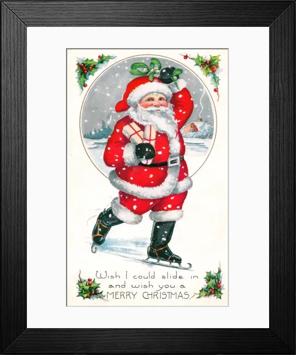 Framed Print : Santa Claus skating on a Christmas postcard Framed Print : Santa Claus skating on a Christmas postcard