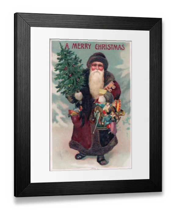 Framed Print : Santa Claus with tree and sack on a Christmas postcard Framed Print : Santa Claus with tree and sack on a Christmas postcard