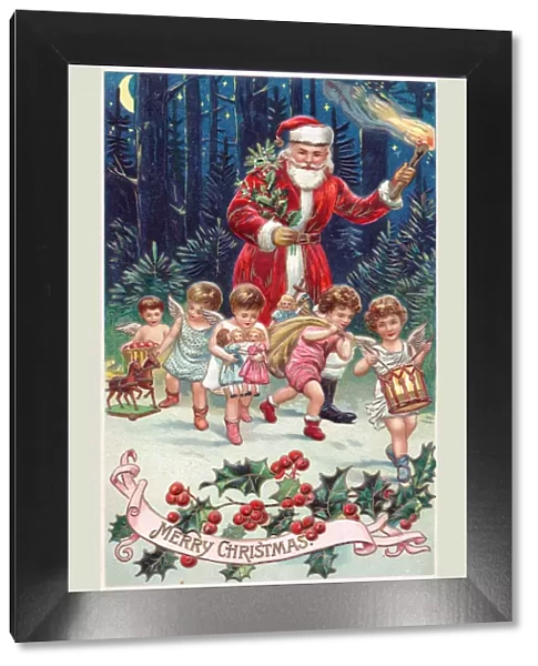 Santa Claus with cherubs on a Christmas postcard