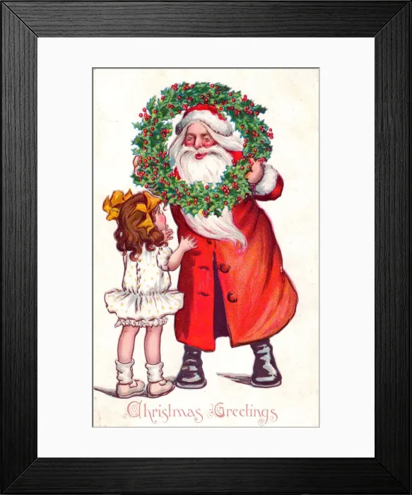 Framed Print : Santa Claus with girl and holly on a Christmas postcard Framed Print : Santa Claus with girl and holly on a Christmas postcard