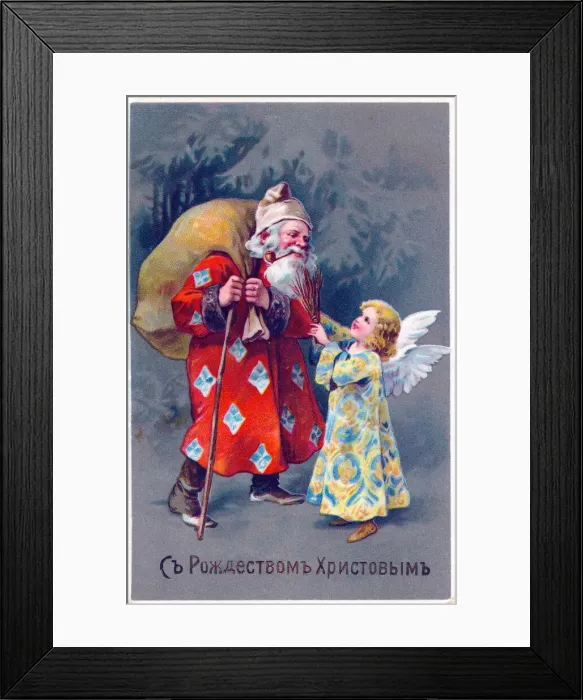 Framed Print : Father Christmas with sack and angel on a Russian postcard Framed Print : Father Christmas with sack and angel on a Russian postcard