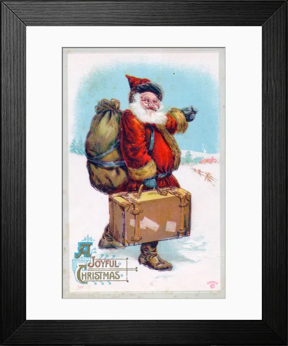 Framed Print : Santa Claus with sack and suitcase on a Christmas postcard Framed Print : Santa Claus with sack and suitcase on a Christmas postcard