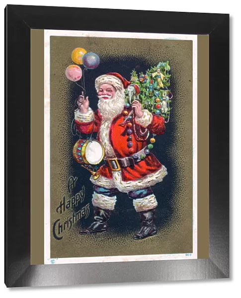 Santa Claus with tree and balloons on a Christmas postcard