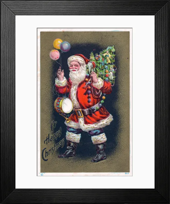 Framed Print : Santa Claus with tree and balloons on a Christmas postcard Framed Print : Santa Claus with tree and balloons on a Christmas postcard