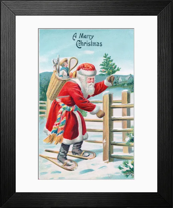 Framed Print : Santa Claus with presents on a Christmas postcard Framed Print : Santa Claus with presents on a Christmas postcard