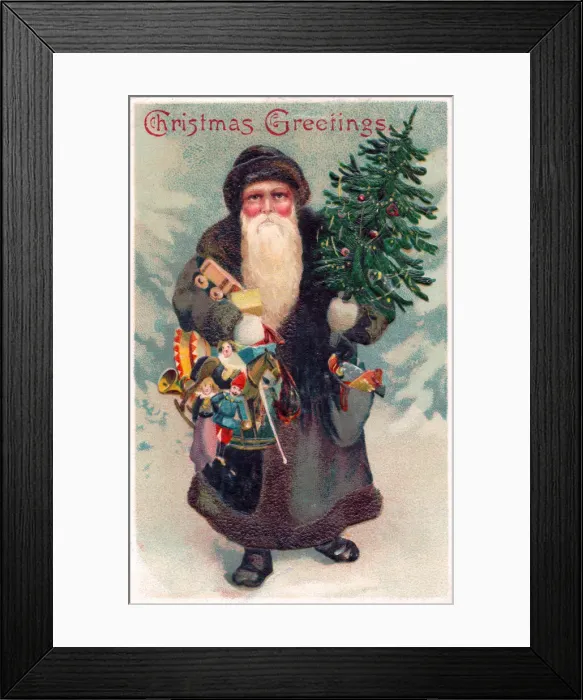 Framed Print : Santa Claus with presents on a Christmas postcard Framed Print : Santa Claus with presents on a Christmas postcard
