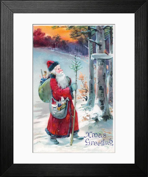 Framed Print : Santa Claus with sack of presents on a Christmas postcard Framed Print : Santa Claus with sack of presents on a Christmas postcard