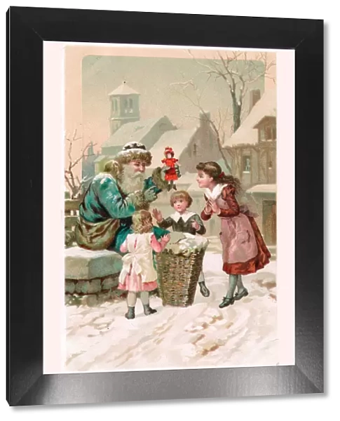 Santa Claus with children on a Christmas postcard