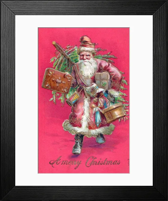 Framed Print : Santa Claus with presents on a Christmas postcard Framed Print : Santa Claus with presents on a Christmas postcard